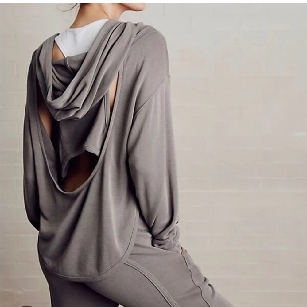 Free People FP Movement Back Into It cutout hoodie in gray, size medium